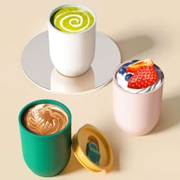 A set of three plastic egg-shaped tumblers in white, pink, and green, each with a lid, showcasing various drinks.
