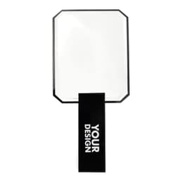 Acrylic handheld mirror with a black handle and an octagonal reflective surface. Features a branding area.