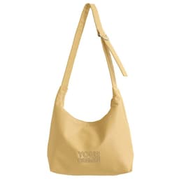 A yellow PU casual crossbody bag with a single shoulder strap and a branding logo on the front.