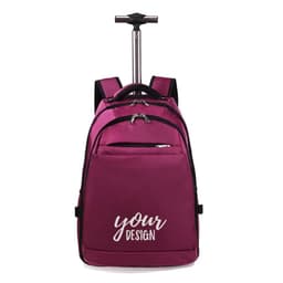 A maroon wheeled laptop travel suitcase with a handle and a logo, featuring backpack-style straps and multiple compartments.