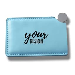 A mini cosmetic mirror with a light blue PU case and a metal attachment, featuring a personalised design area.