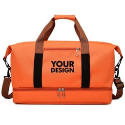 An orange duffle bag features sturdy handles, a shoulder strap, and a logo area, ideal for travel use.