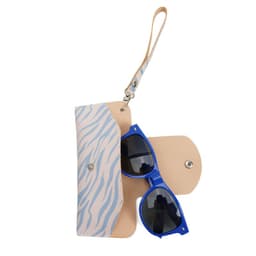 A portable eyewear pouch with a blue and white zebra pattern, containing a pair of blue sunglasses.