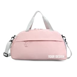 A pink duffle bag with a white strap and a logo, featuring a zippered front pocket and a compartment for shoes.