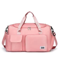 A pink multi-purpose sports duffle bag with two exterior pockets and a detachable shoulder strap.