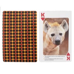 Custom white core paper playing cards featuring a vibrant patterned back and a King of Hearts card with a hyena image.