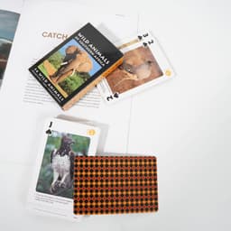 A set of custom white core paper playing cards featuring a wild animal theme, with a decorative printed case.
