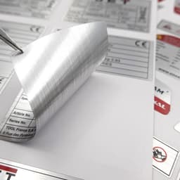 A silver self-adhesive sticker being pulled from a backing, surrounded by other similar stickers.