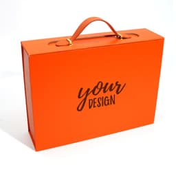 An orange custom gift box with a handle, featuring a smart design and sturdy construction.