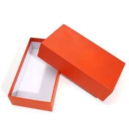 An orange custom paper box with a lid, featuring a clean white interior and a smooth finish.