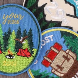 A collection of custom embroidered patches featuring vibrant colours and various nature-themed designs with a logo.