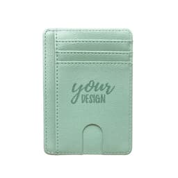 A mint green RFID card holder with an ID window and multiple card slots, featuring a logo.