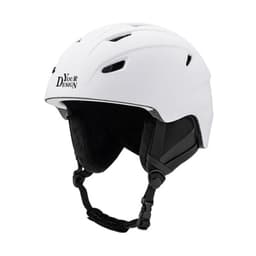 A white custom ski helmet with a black interior and adjustable chin strap. Features a logo branding on the front.