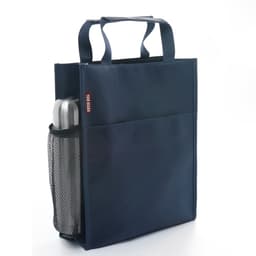 A navy document holder with two handles and a side mesh pocket for a drink bottle. Features branding on the front.