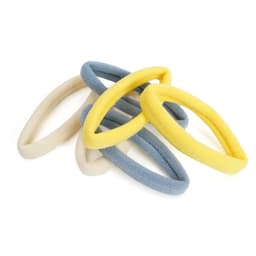 Soft hair ties in blue, yellow, and cream colours, arranged into a stack. Includes a logo.