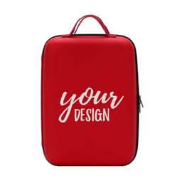 A drink bottle travel bag in red with a logo, featuring a zippered closure and a handle.
