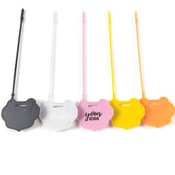 A selection of five plastic tamper security seals in black, white, pink, clear, and yellow, featuring a logo.