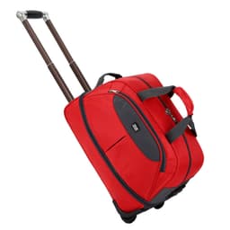 A large capacity wheeled suitcase in bright red with retractable handles and a side pocket. It has a logo branding.