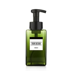 A drink bottle with a green, transparent body and a black pump lid, featuring a space for custom branding.