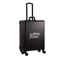 A wheeled black makeup case featuring a handle and a design space, ideal for travel and organisation.