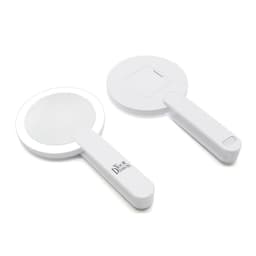 A round, white lighted makeup mirror with a handle, featuring a compact design and a logo.