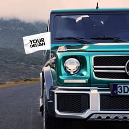A custom car flag displayed on a teal vehicle, set against a mountainous backdrop. The flag features a design area.