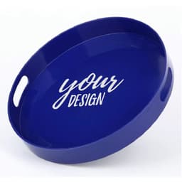A round blue serving tray with handles and a text design in the centre.