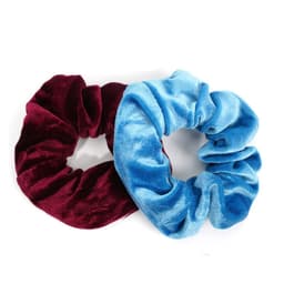 A burgundy and light blue velvet hair scrunchie set, featuring a soft texture and a zipper pocket.