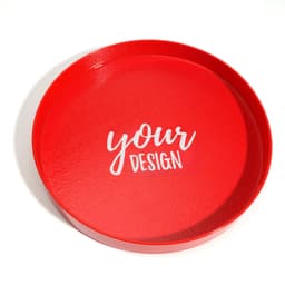 A round, red plastic tray featuring a white design space for customisation. It has a slight rim around the edge.