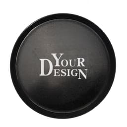 A black non-slip tray featuring a textured surface and a logo. Ideal for serving items.