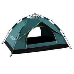 A green and black two-person pop-up camping tent with a spacious entrance and internal area. Features a logo on the side.