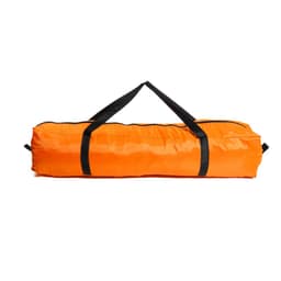 An orange tent carry bag with black straps, designed for easy transport of a camping tent.