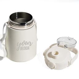 A drink bottle in white stainless steel with a removable lid and a logo design. It has a large capacity and handle.