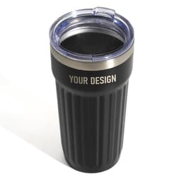 A drink bottle in matte black with a transparent lid and a silver band, featuring a logo on the surface.