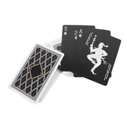 A set of custom blue core playing cards in black and white, featuring a joker card and a decorative box.