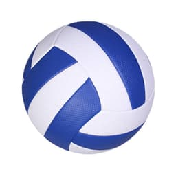 A custom soft beach volleyball featuring blue and white panels with a textured surface. The ball has a logo.