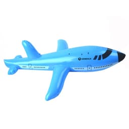 A blue PVC inflatable airplane float toy with a sleek design and branding logo. Perfect for fun and games.