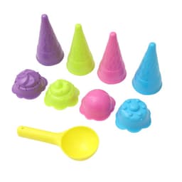 A colourful plastic ice cream cone scoop set featuring pink, purple, green, and blue cones and scoops, plus a yellow scoop.