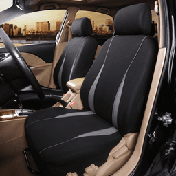 Full set of black car seat covers with grey accents, designed for the front seats of a vehicle.