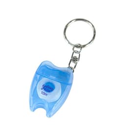 A blue portable dental floss keyring featuring a tooth-shaped design and a silver keychain attachment.