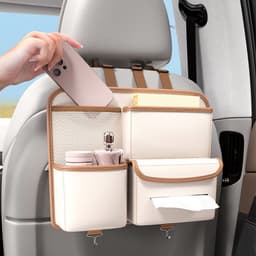 A cream and tan back seat storage bag featuring multiple pockets for organising items like a phone, drink, and wipes.
