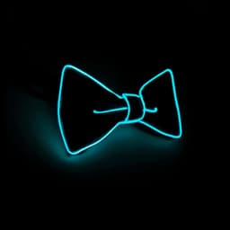 A glowing turquoise bow tie with a light-up design, set against a dark background. The product features a logo.