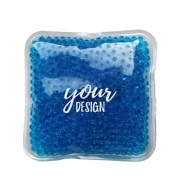 A square ice pack filled with blue gel beads, encased in a clear plastic pouch with a branding logo.