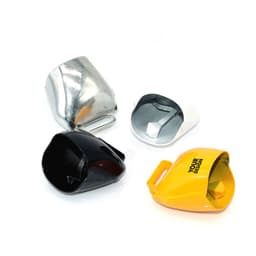 A selection of metal cowbell noisemakers in silver, black, white, and yellow with handles and branding space.