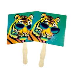 A vibrant hand fan featuring a stylised tiger wearing sunglasses, with a wooden handle.