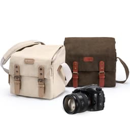 Two vintage camera bags in beige and brown with adjustable straps, accompanied by a camera placed in front.