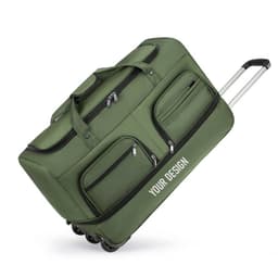 A wheeled travel luggage suitcase in olive green with multiple compartments and a retractable handle.