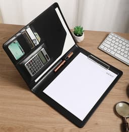 A black multifunctional portfolio folder featuring a calculator, card slots, a clipboard, and a notepad.