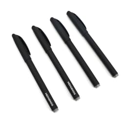A set of four black promotional pens with a streamlined design, featuring a logo on each pen.