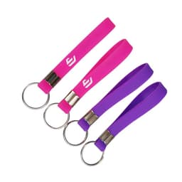 A set of silicone keychain wristbands in pink and purple, featuring a metal keyring and branding.